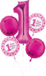 Anagram Mylar & Foil 1st Birthday Number One Girl Pink Balloon Bouquet - 5 Balloons