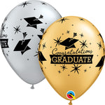 Congratulations Graduate Caps - Silver & Gold 11″ Latex Balloons (6 count)