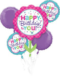Ramo de globos de cumpleaños rosa y verde azulado