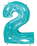 Betallic Mylar & Foil Number 2 Glitter Holographic Robins Egg Blue 40″ Balloon