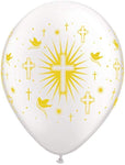 11" White/Gold Cross and Doves Latex Balloos 100 Count