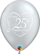 Globos de látex Silver Happy 25th Anniversary Heart 11″ (50 unidades)