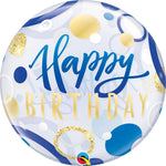 Qualatex Mylar & Foil Happy Birthday Blue & Gold Dots Bubble 22″ Balloon